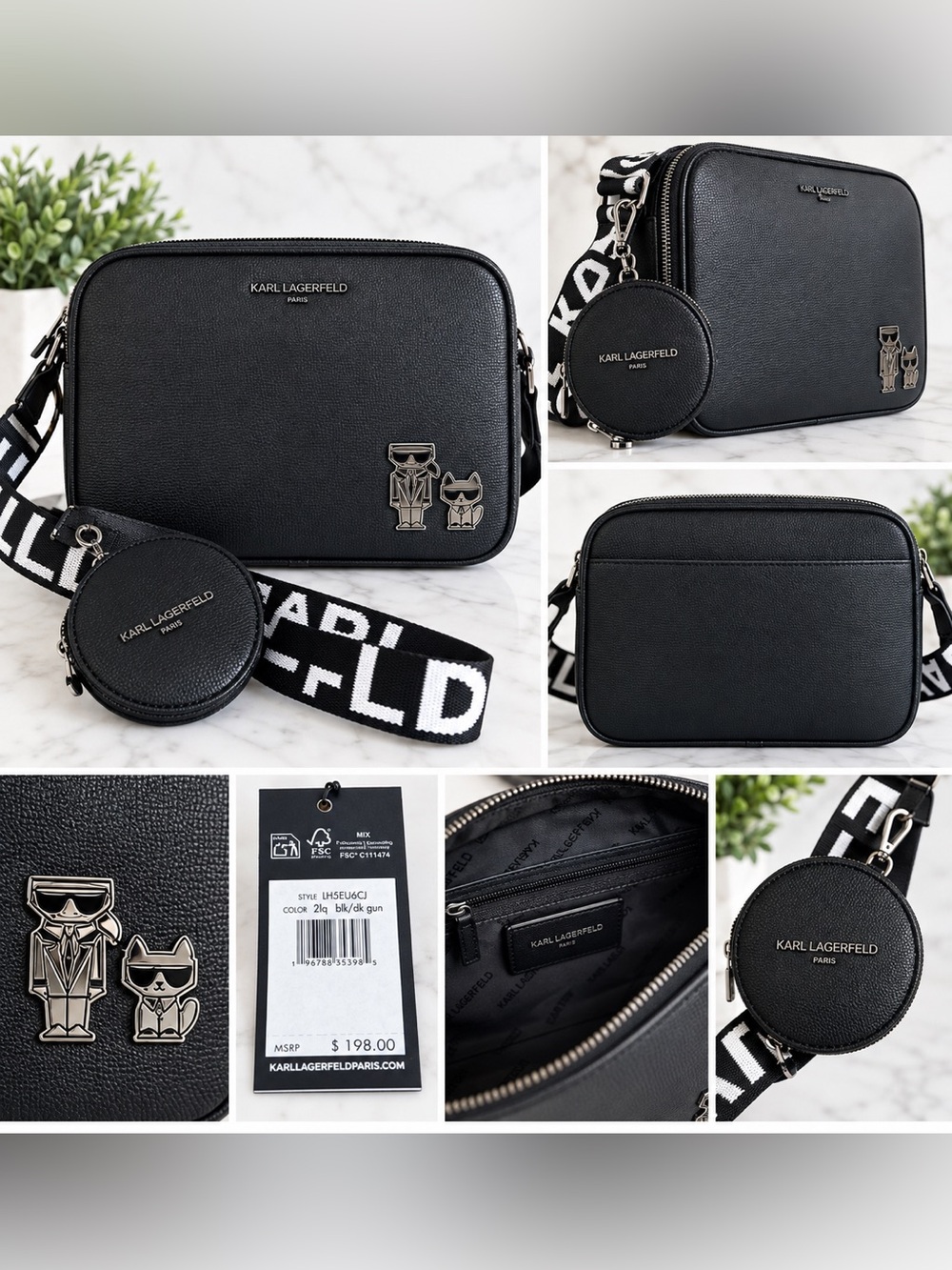 Karl Lagerfeld Paris Black Bag + Coin Pouch Logo Strap NWT $198